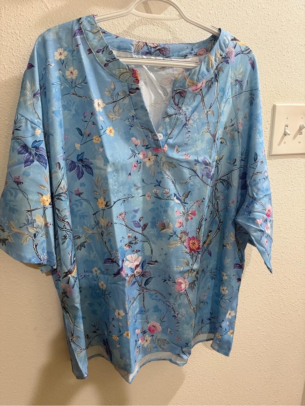 Blue Floral V-Neck Women's Blouse with Short Sleeves